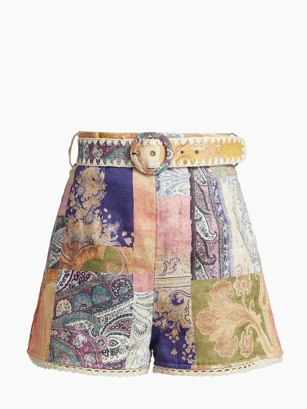 Zimmermann Multicolor Paisley-Print High-Waist Shorts with Belt - Picture 1 of 6